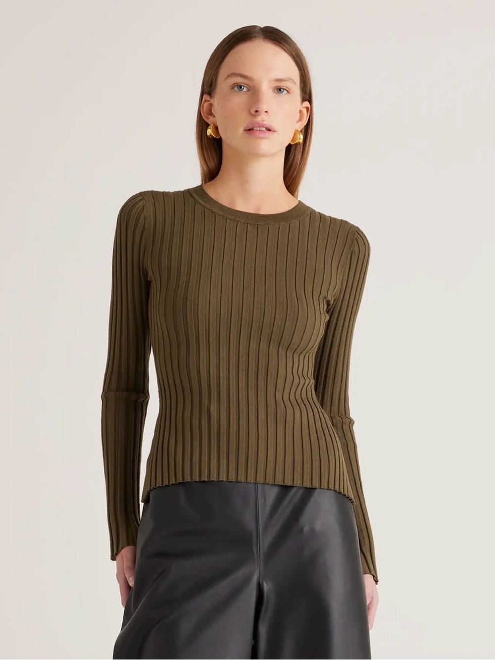 Quince Cotton Cashmere Ribbed Long Sleeve Crewneck Sweater Olive Brown XS NWT